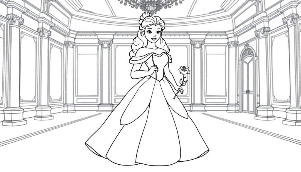 Belle enjoying a magical dance in a ballroom, a black and white color panel.