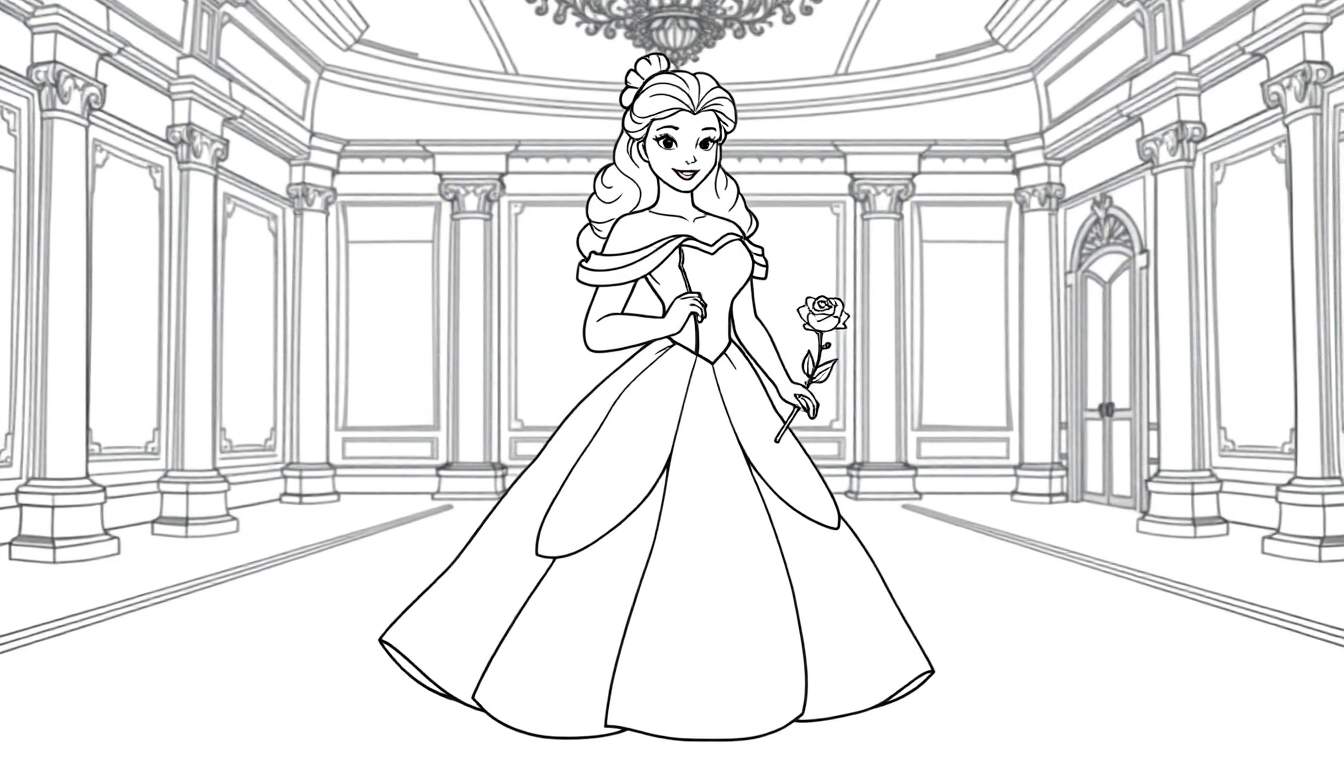 Belle enjoying a magical dance in a ballroom, a black and white color panel.