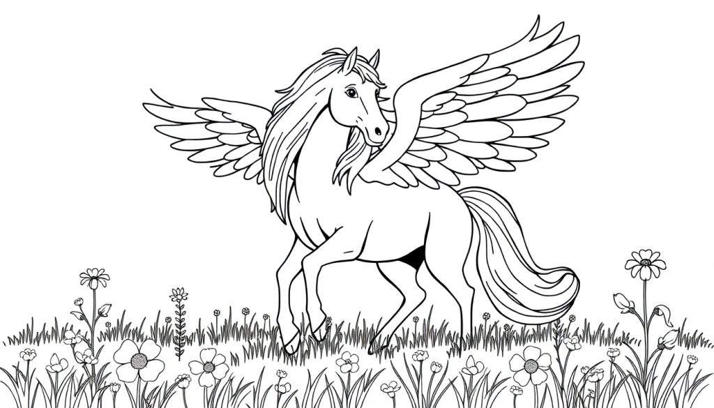 A black and white line drawing of a Pegasus with spread wings, ready to fly in a field of flowers, perfect for a color panel adventure.