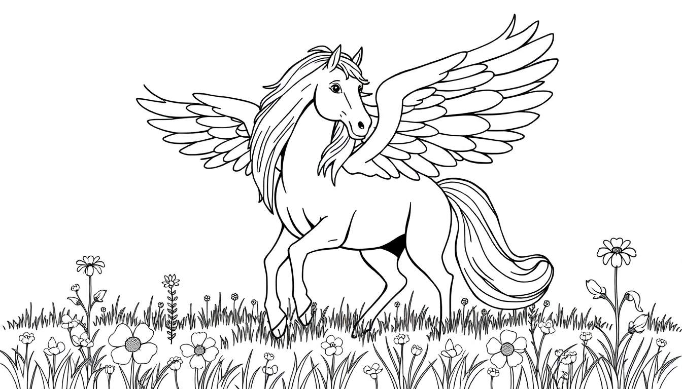 A black and white line drawing of a Pegasus with spread wings, ready to fly in a field of flowers, perfect for a color panel adventure.