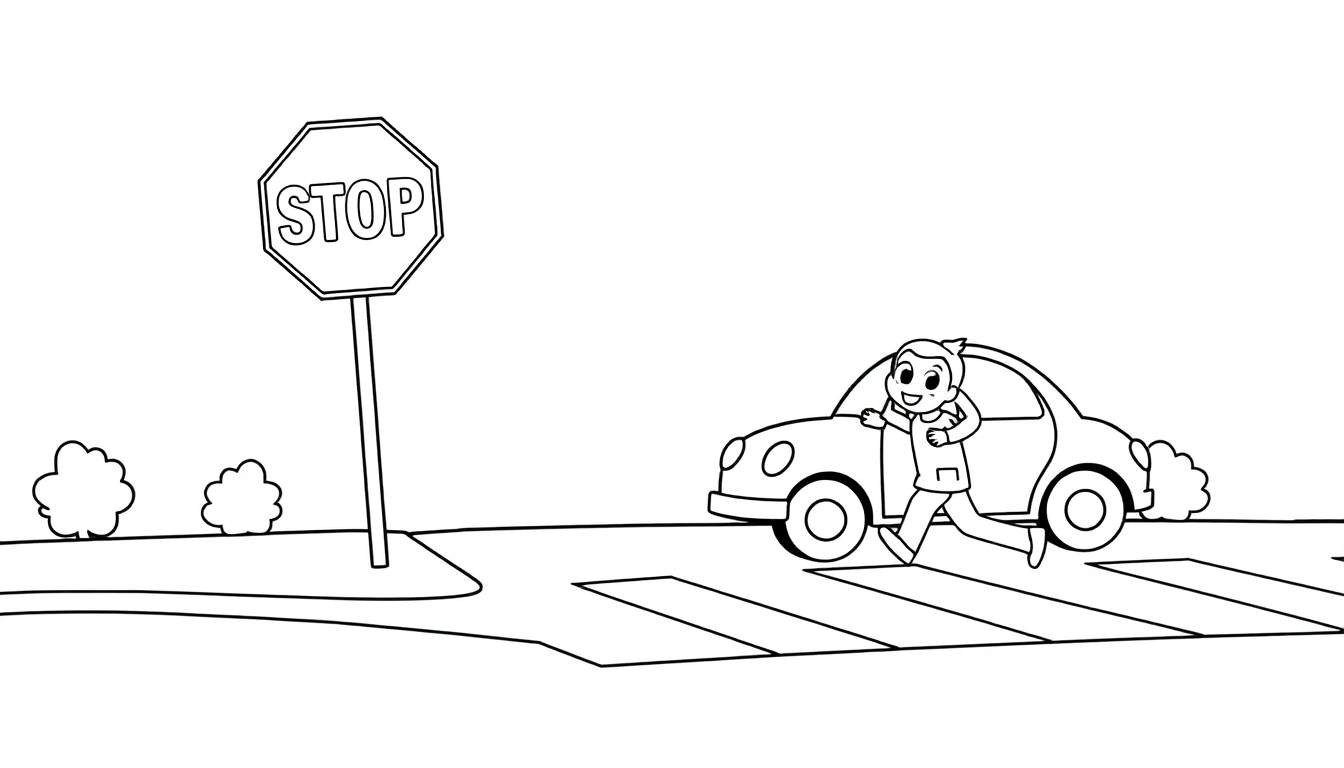 A black and white color panel drawing of a child waving while crossing a street at a crosswalk, with a stop sign and a car nearby.