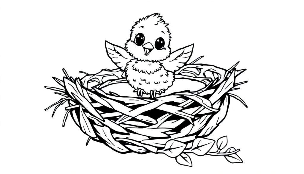 A cute baby bird in a nest, ready to fly. Black and white color panel for kids.