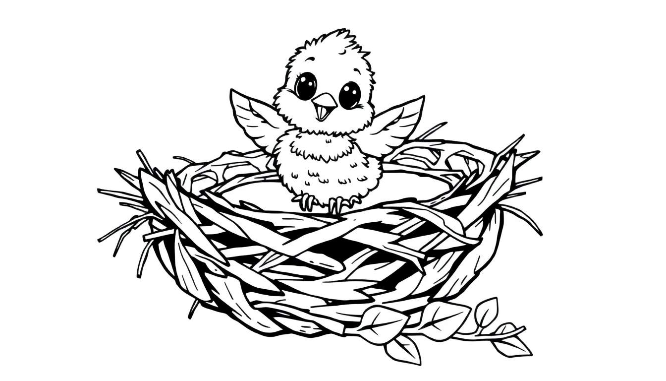 A cute baby bird in a nest, ready to fly. Black and white color panel for kids.