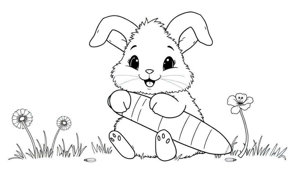 A cute bunny coloring page with a carrot, dandelions, and grass. Black and white color panel.