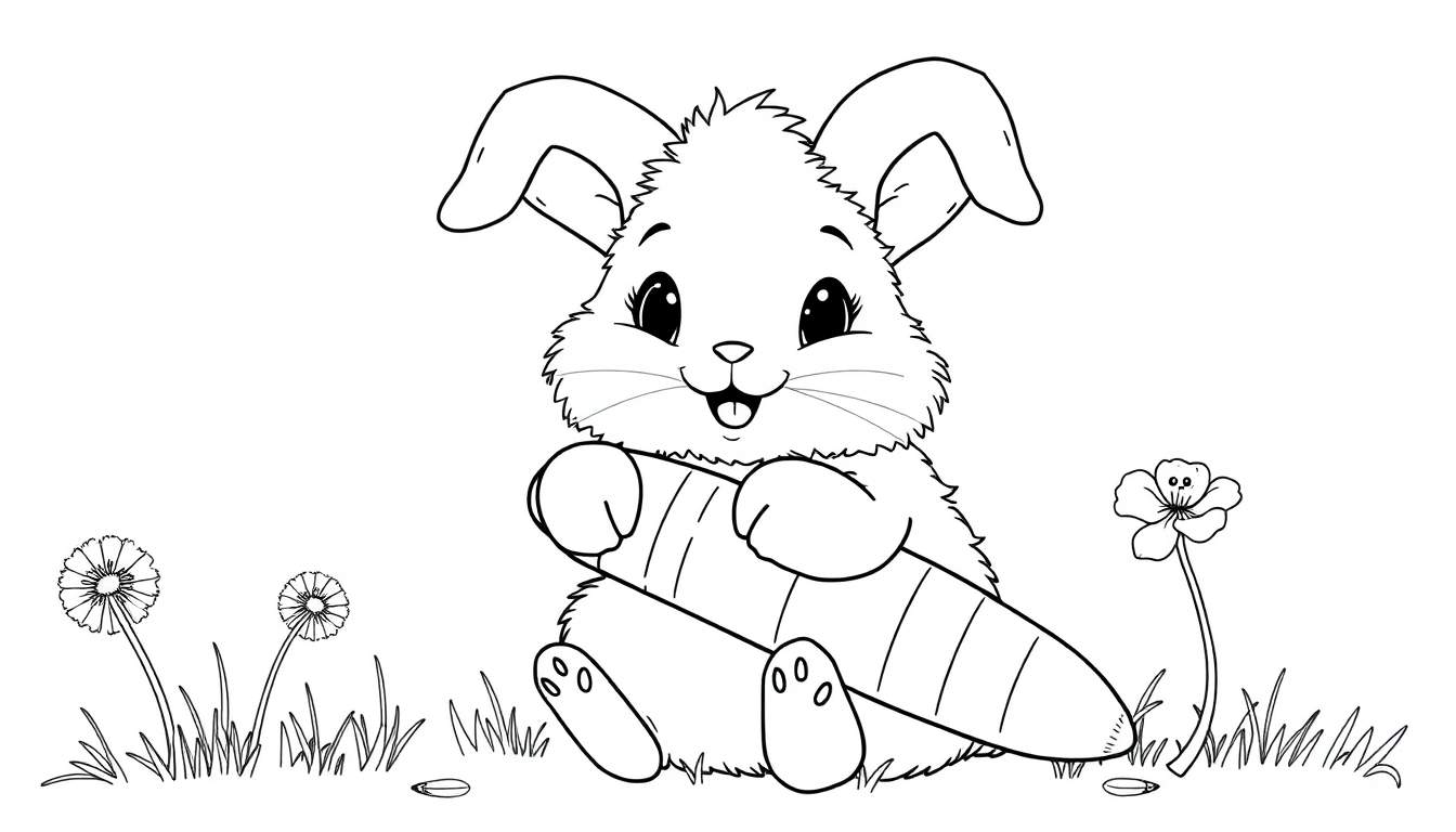 A cute bunny coloring page with a carrot, dandelions, and grass. Black and white color panel.