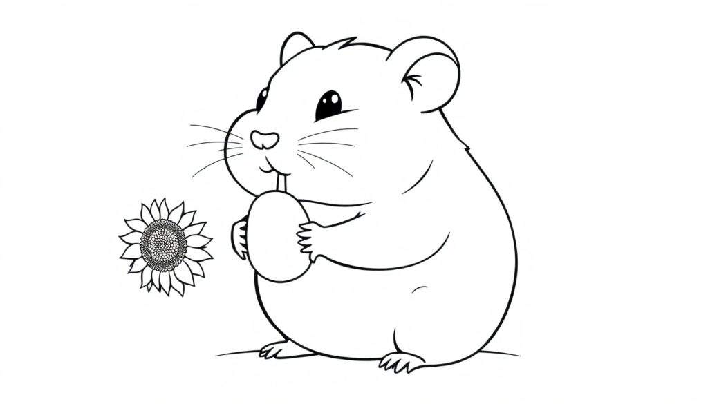 A cute hamster is ready to be colored in this black and white drawing, part of a color panel.