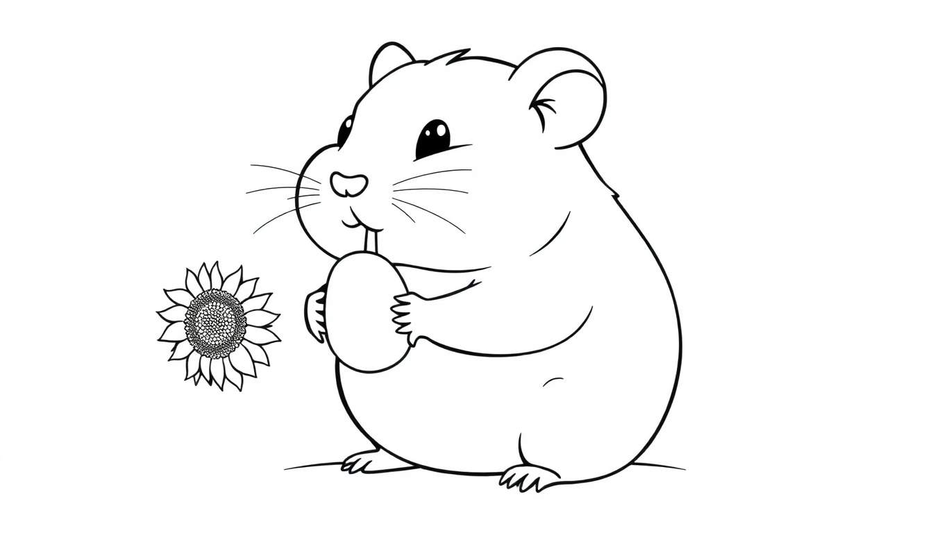 A cute hamster is ready to be colored in this black and white drawing, part of a color panel.