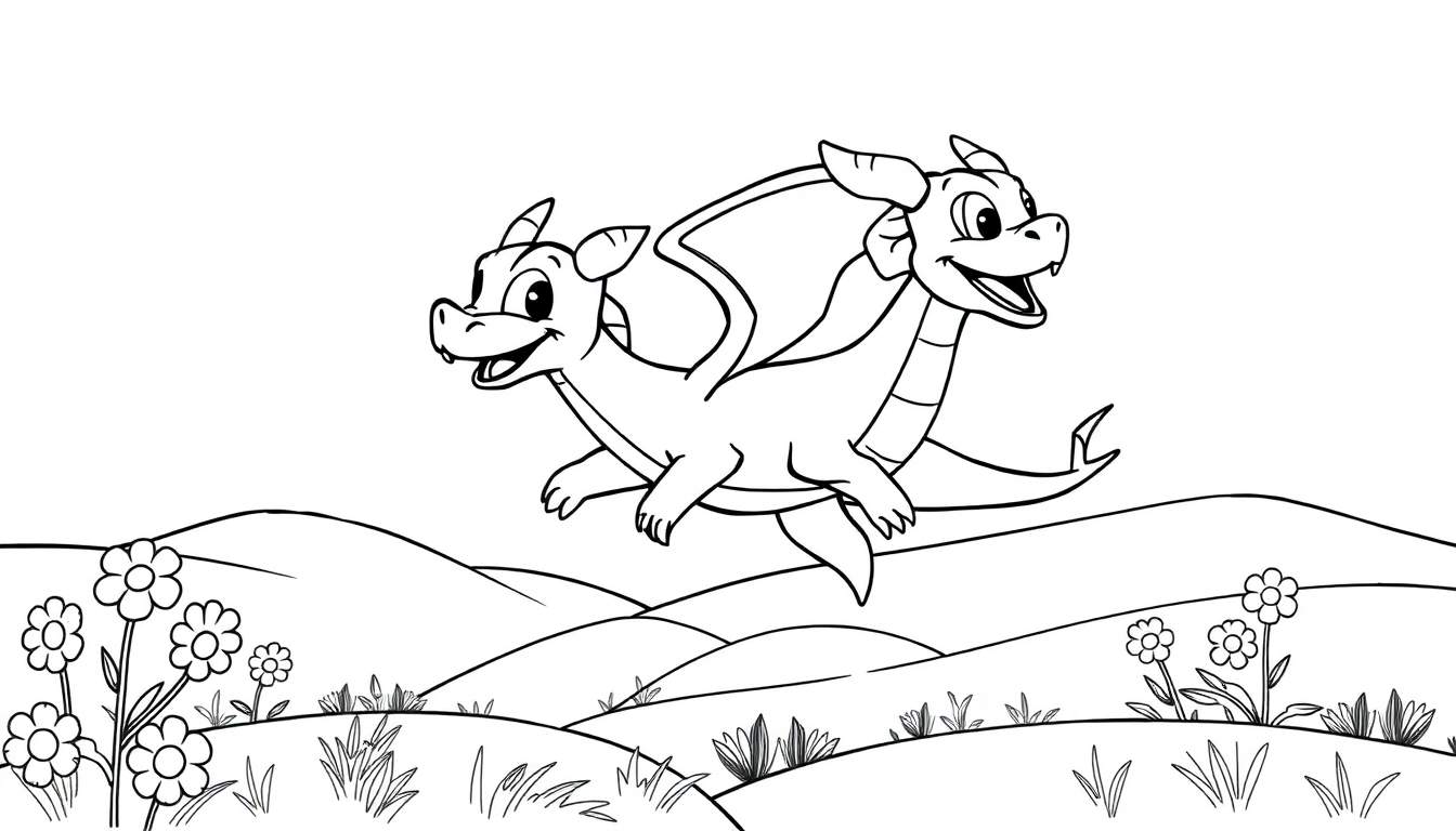 A cartoon two-headed dragon with smiling faces flying over rolling hills with flowers.