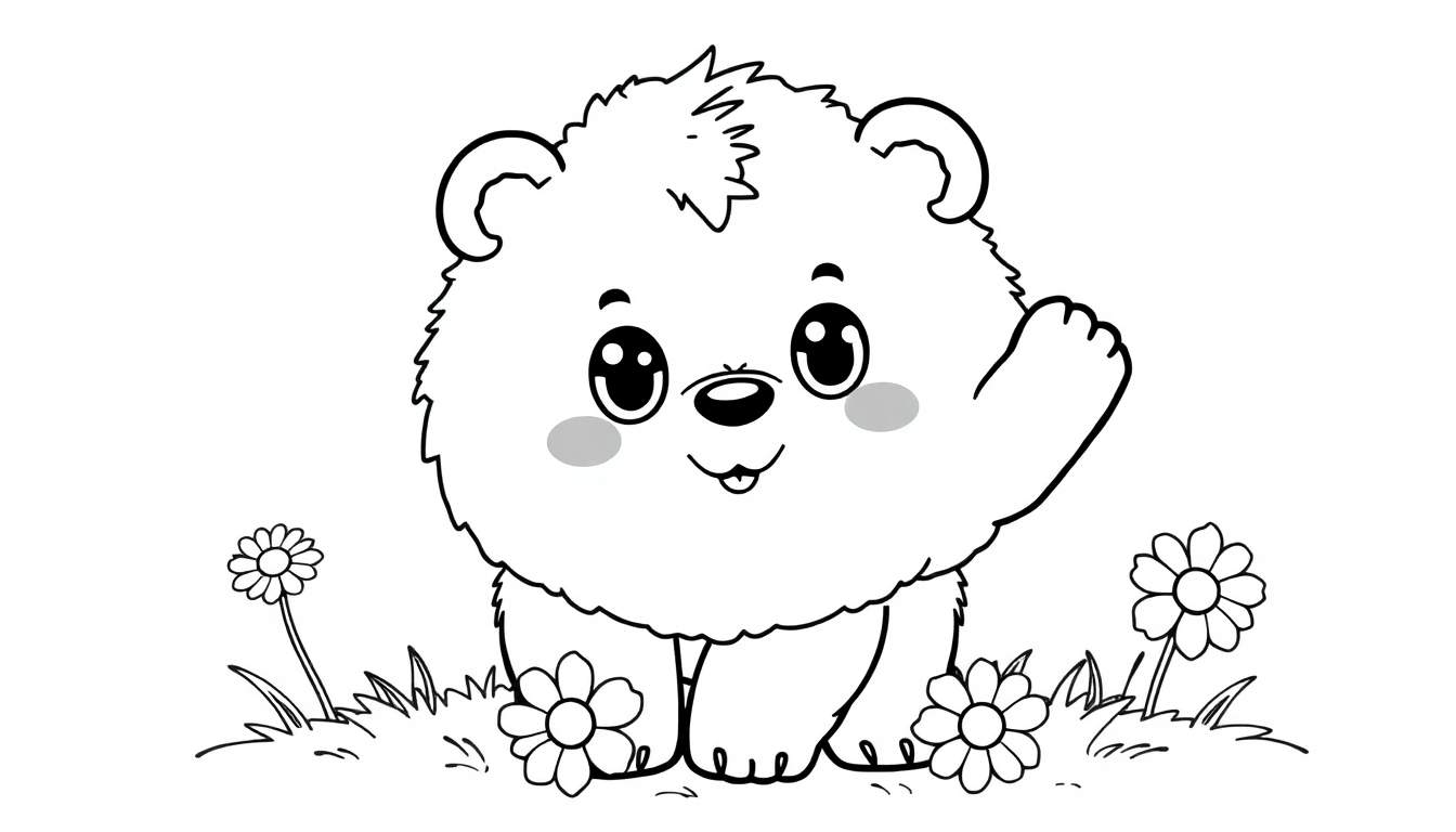 Cute black and white bear cub waving, ready for a color panel.