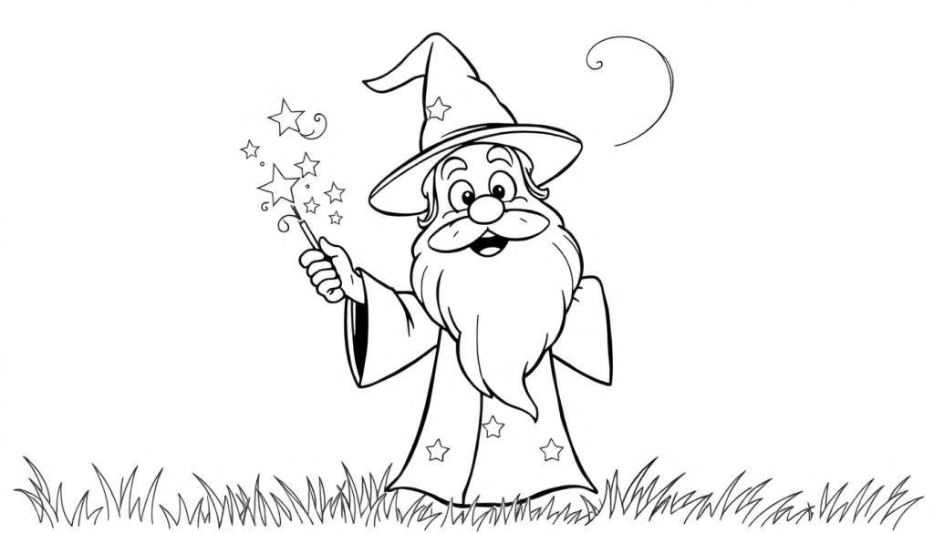 A friendly wizard with a long beard and a star-spangled hat and robe, casting a spell with a sparkling wand on a black and white coloring panel.