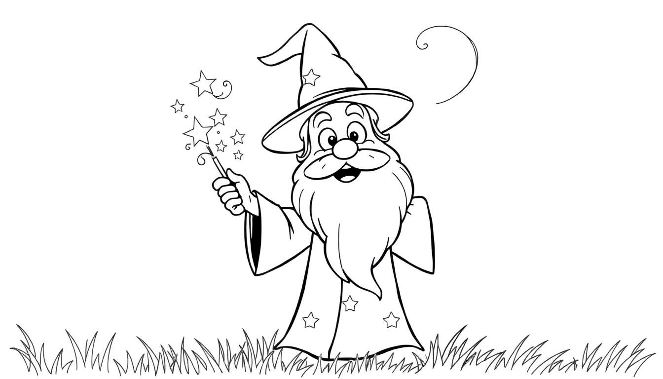 A friendly wizard with a long beard and a star-spangled hat and robe, casting a spell with a sparkling wand on a black and white coloring panel.