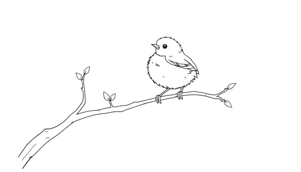 A cute little bird on a branch, a fun color panel for kids.