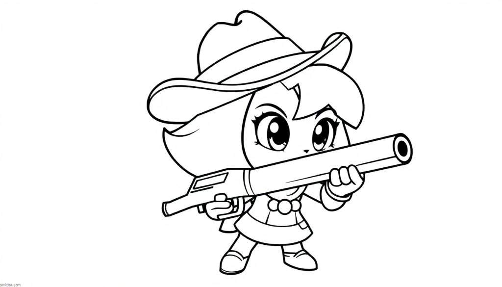 A cute black and white coloring page of Shelly the cowgirl with a large gun. color panel.