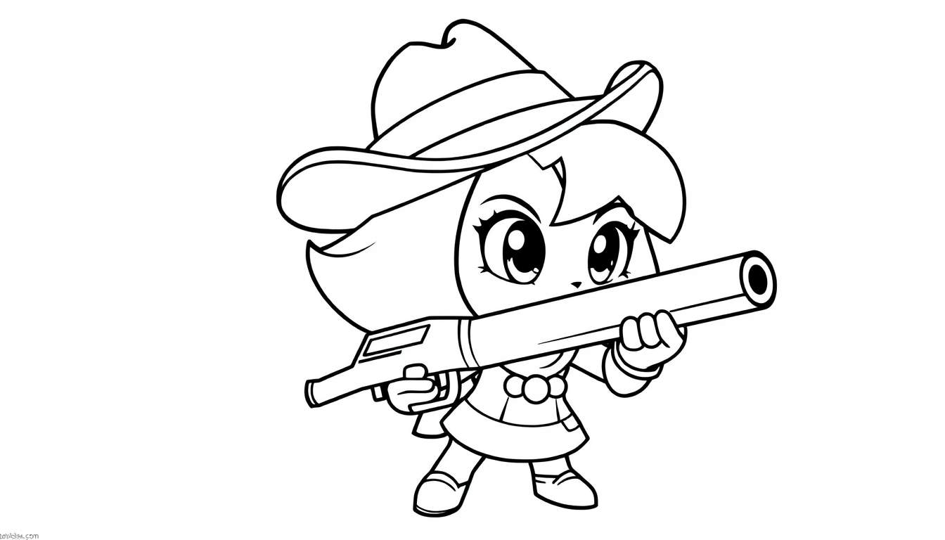 A cute black and white coloring page of Shelly the cowgirl with a large gun. color panel.