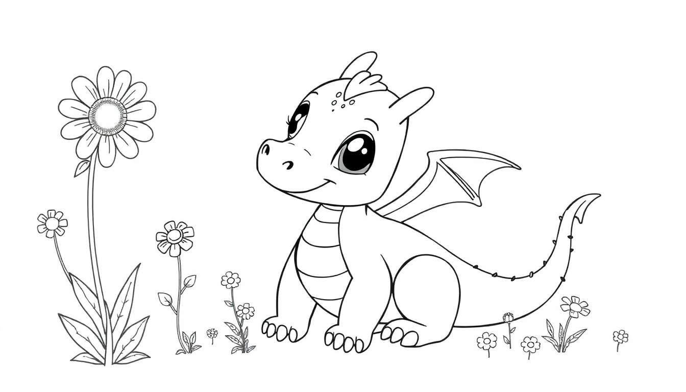 A friendly baby dragon sits in a field of flowers, ready for coloring, on this black and white color panel.