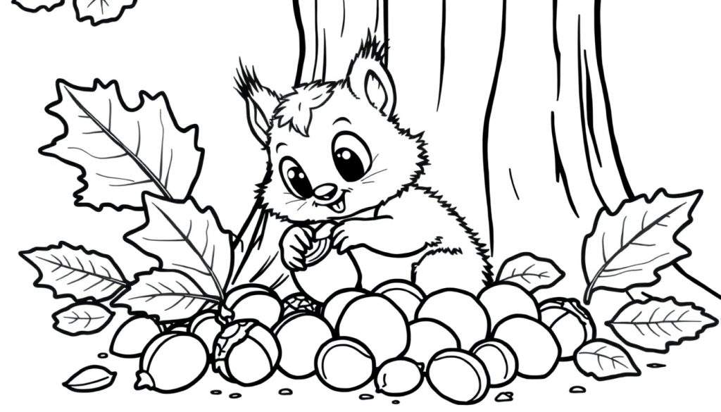 A cute cartoon squirrel holding a nut, surrounded by leaves and nuts, on a tree trunk. Black and white color panel.