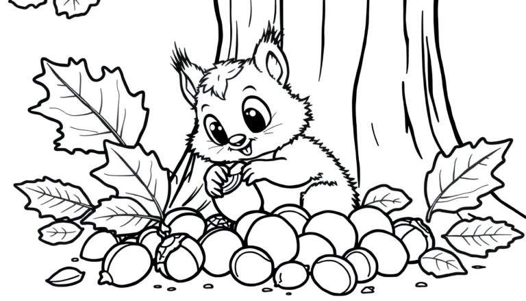 A cute cartoon squirrel holding a nut, surrounded by leaves and nuts, on a tree trunk. Black and white color panel.