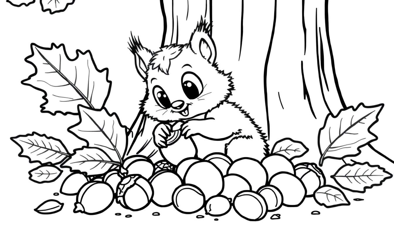 A cute cartoon squirrel holding a nut, surrounded by leaves and nuts, on a tree trunk. Black and white color panel.