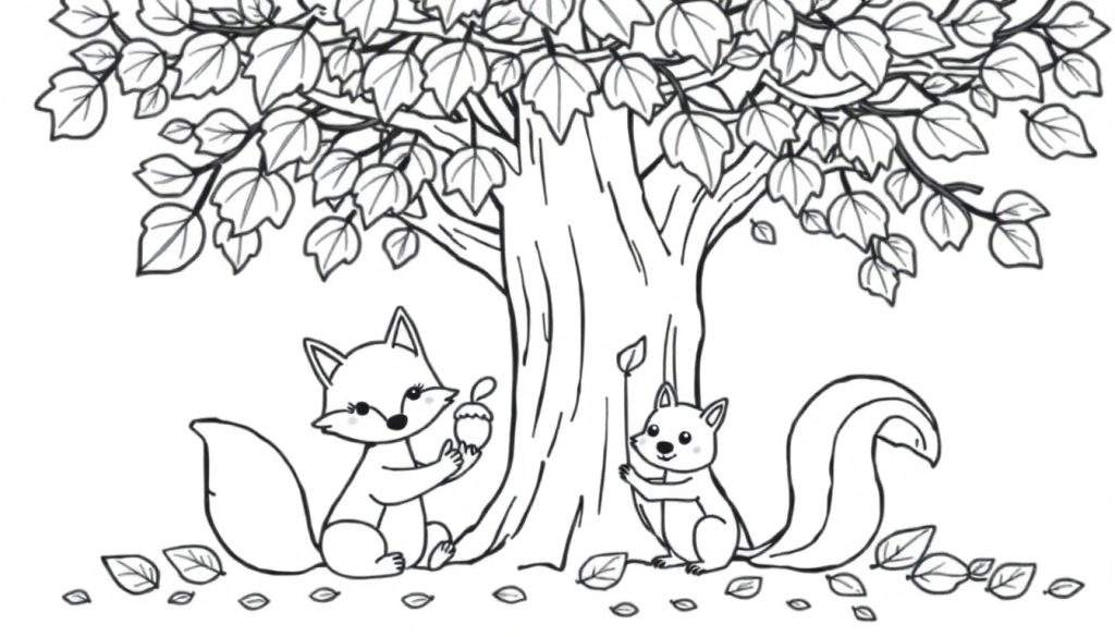 A cute black and white coloring page color panel showing a fox and a squirrel under a tree.