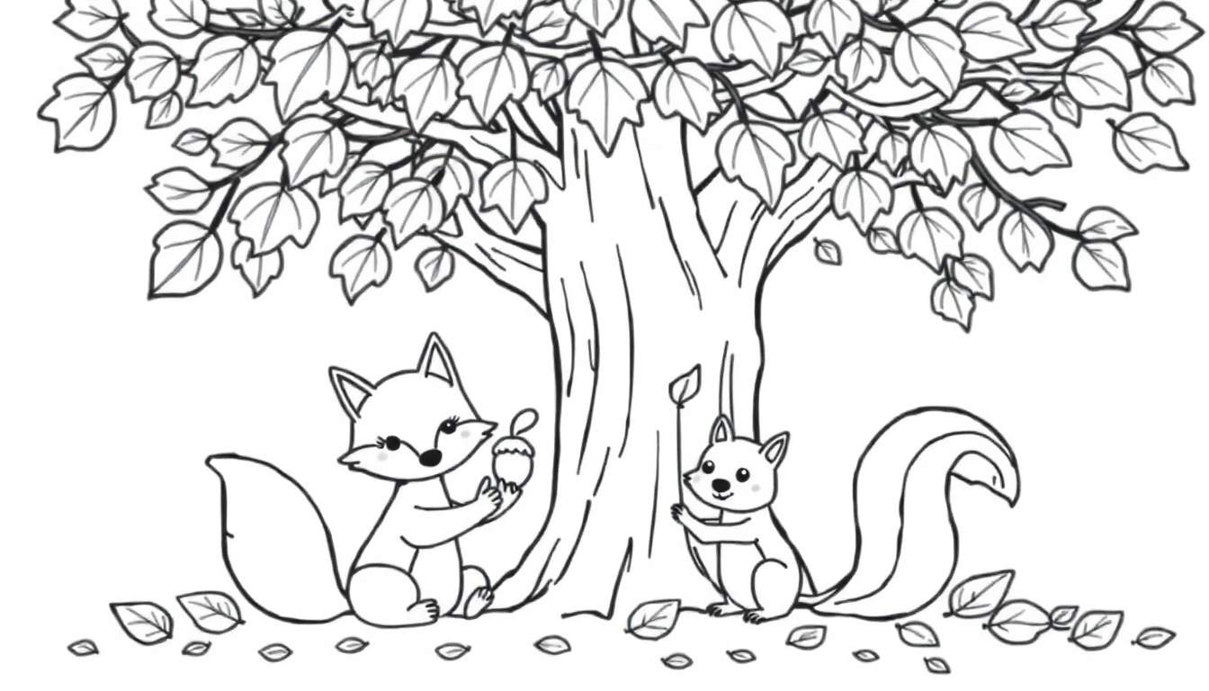 A cute black and white coloring page color panel showing a fox and a squirrel under a tree.