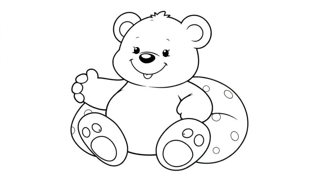 A cartoon teddy bear waving, a black and white color panel for kids.
