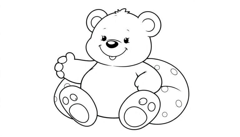 A cartoon teddy bear waving, a black and white color panel for kids.