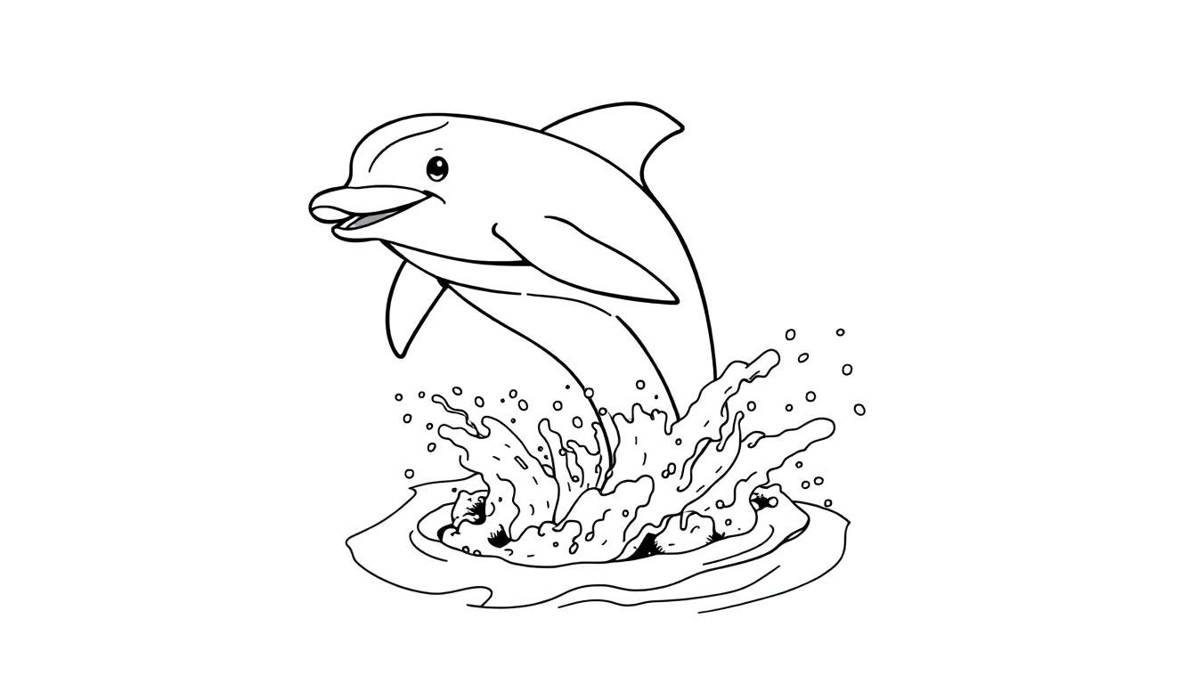 A smiling dolphin leaping out of black-outlined water on a white background.