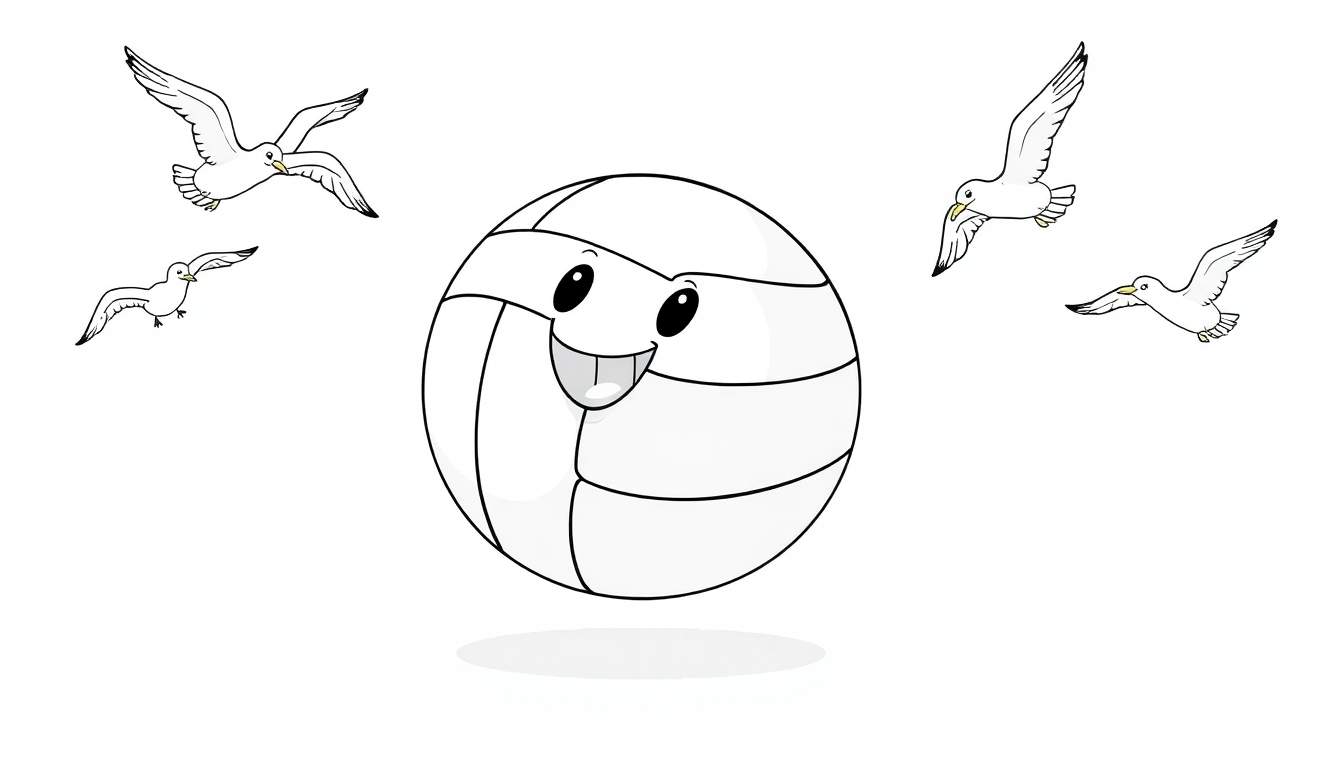 A happy cartoon volleyball with a face and flying seagulls.
