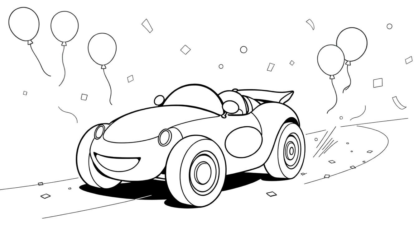 A happy cartoon car with a smiling face drives on a curved road with balloons and confetti.
