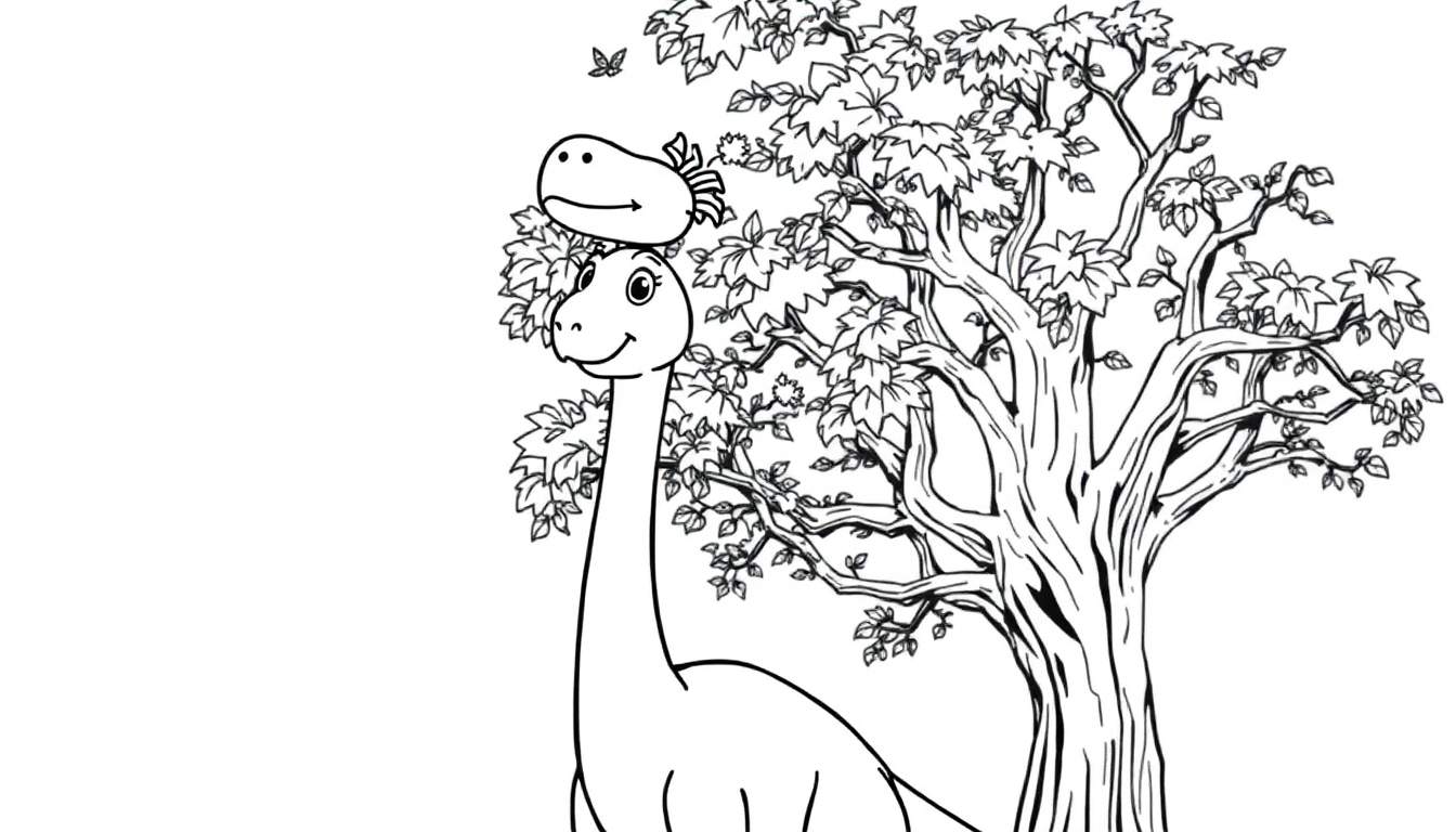 A black and white illustration of a happy Brachiosaurus with a butterfly near a tree.
