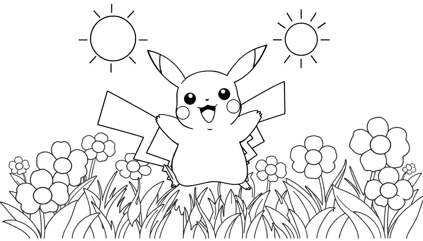 Pikachu joyfully jumping in a field of flowers under two suns.