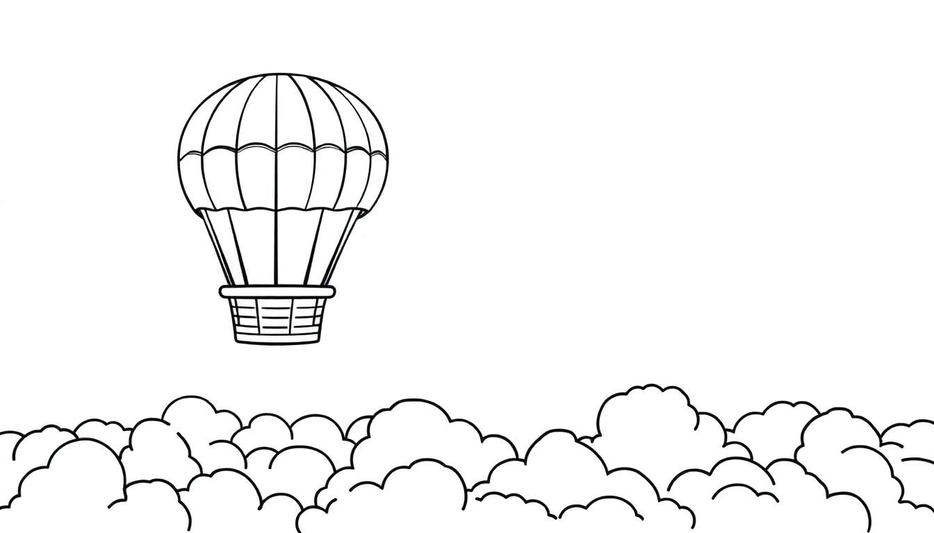 A black and white drawing of a striped hot air balloon floating over a sea of clouds.