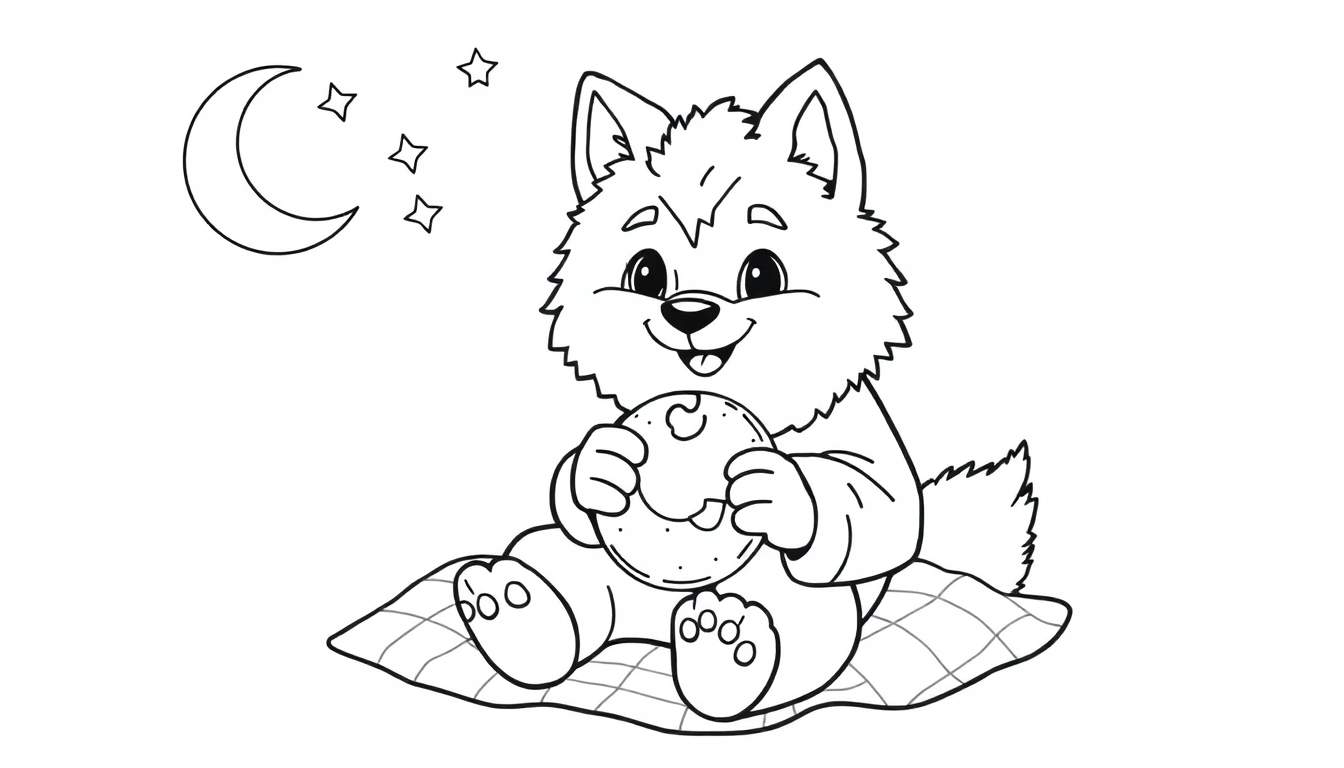A cute werewolf cub in pajamas, holding a donut, sits on a blanket under the moon and stars. A fun color panel for kids.