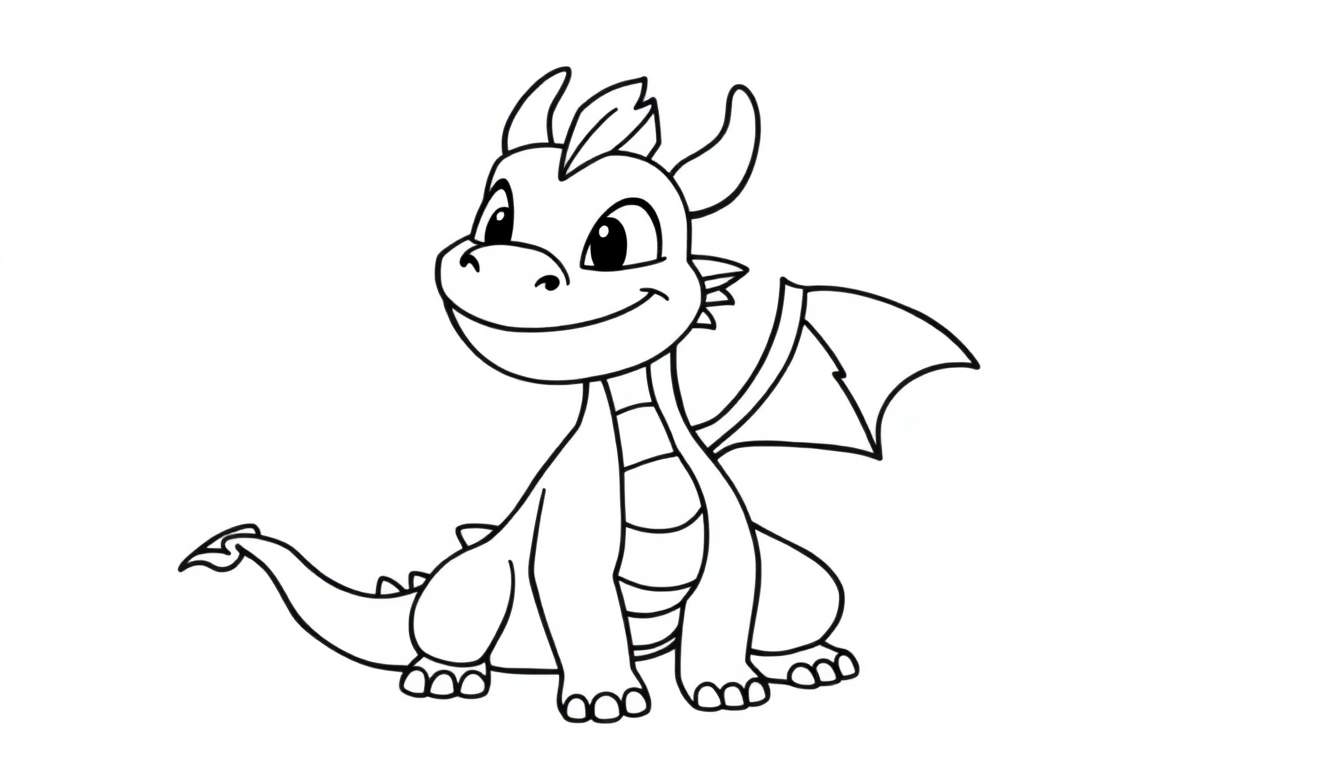 A black and white cartoon drawing of a baby dragon sitting and smiling.