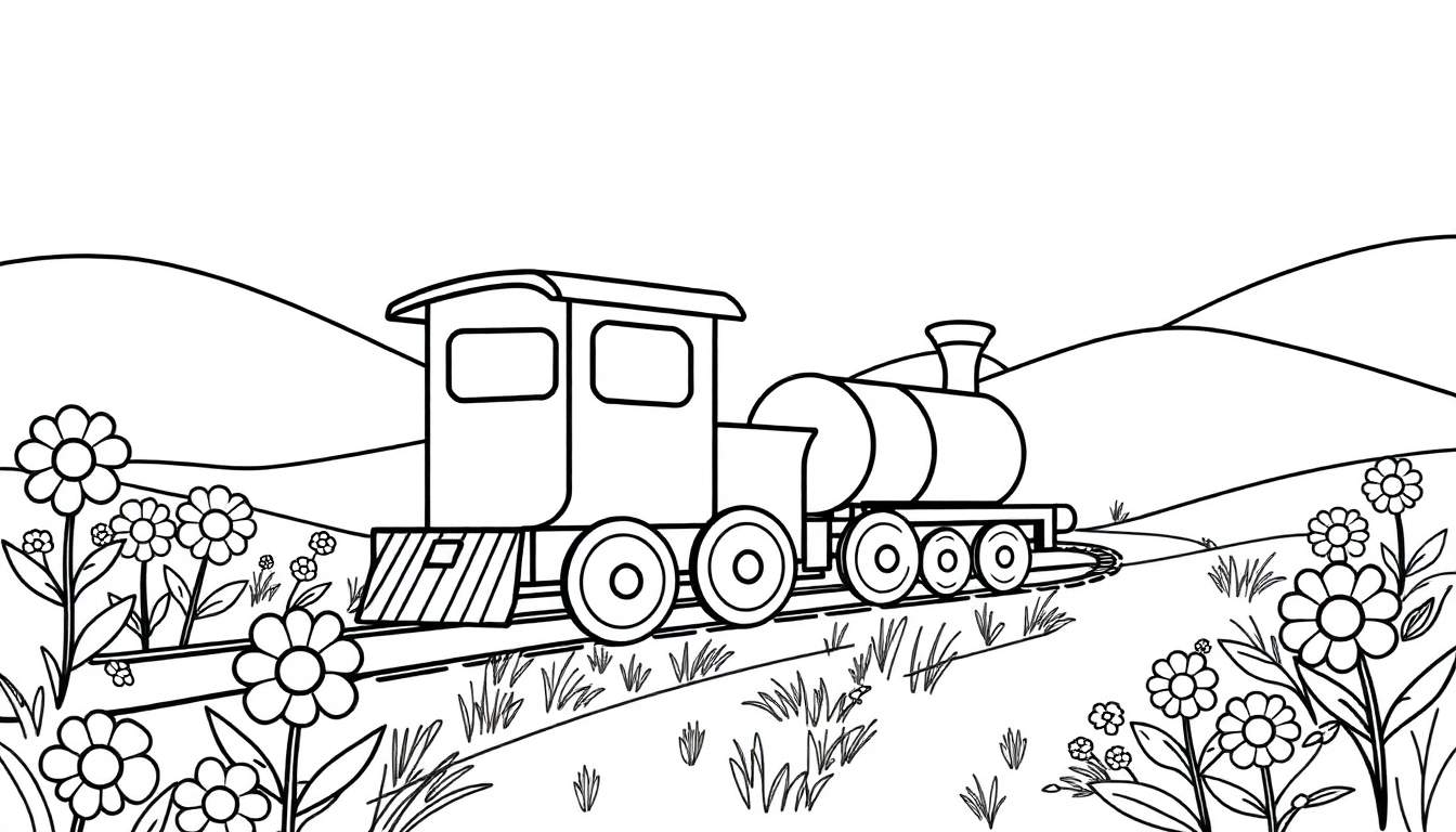 A simple black and white line drawing of a cartoon train with a locomotive and tender chugging through a countryside with rolling hills and flowers.