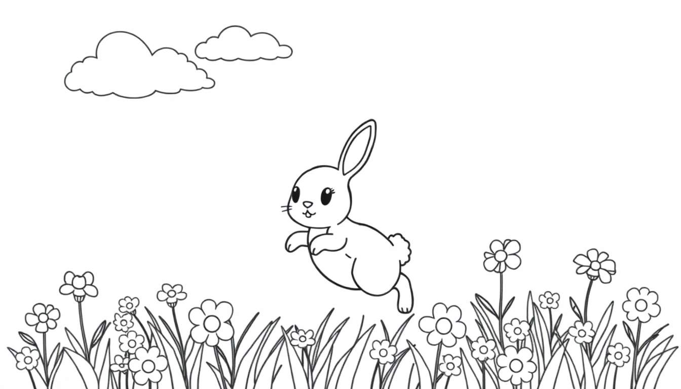 A black and white illustration of a bunny rabbit jumping through a field of flowers.