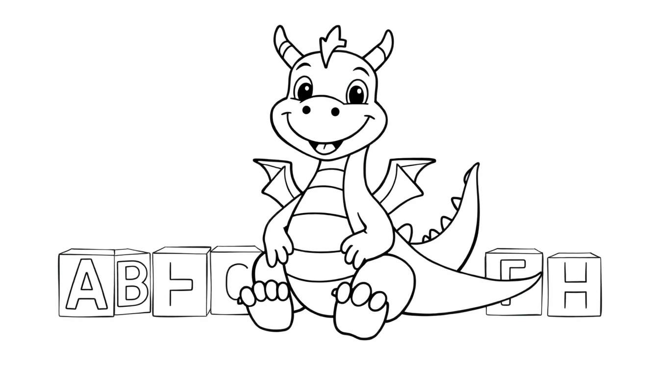 A black and white cartoon dragon happily learning the alphabet with ABC blocks.
