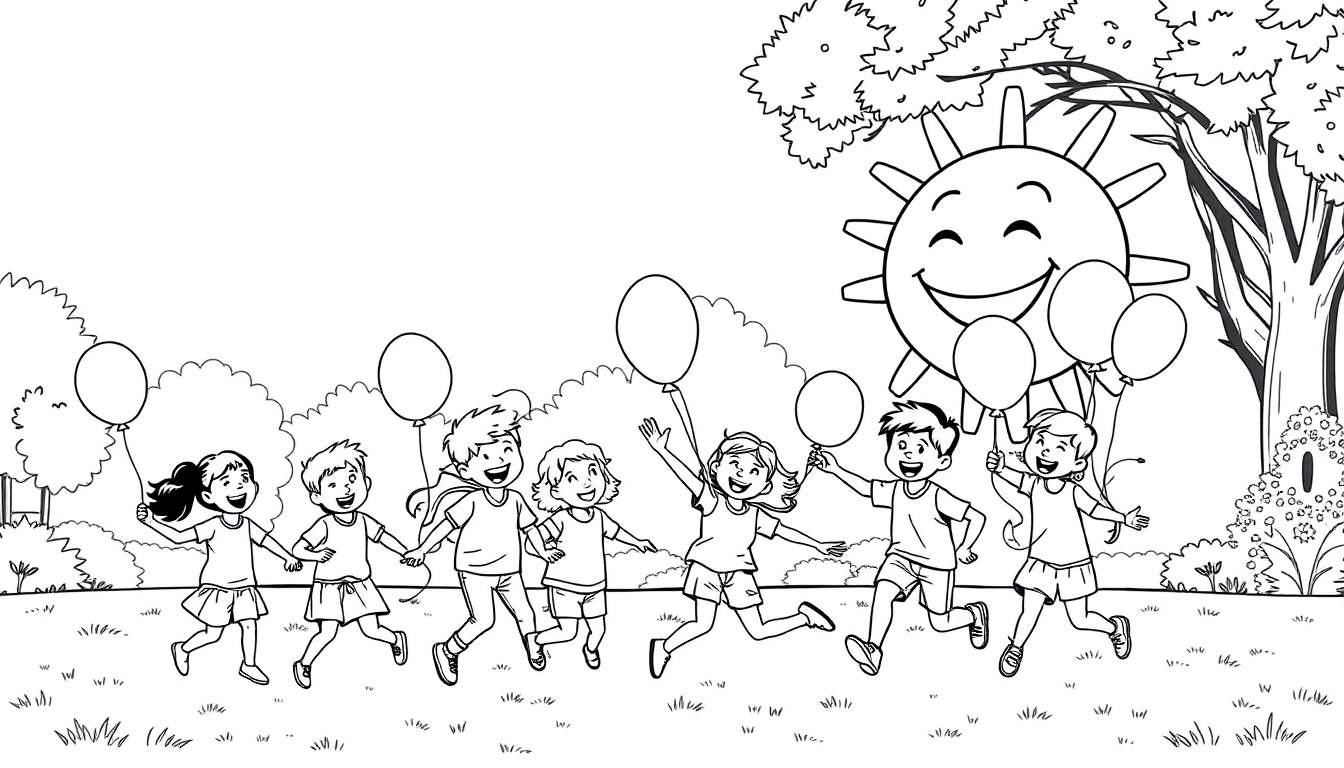 Black and white cartoon of children with balloons running in a park.