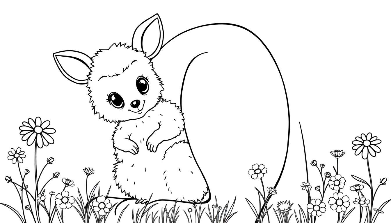 A cute cartoon kangaroo with big eyes standing in a field of flowers.