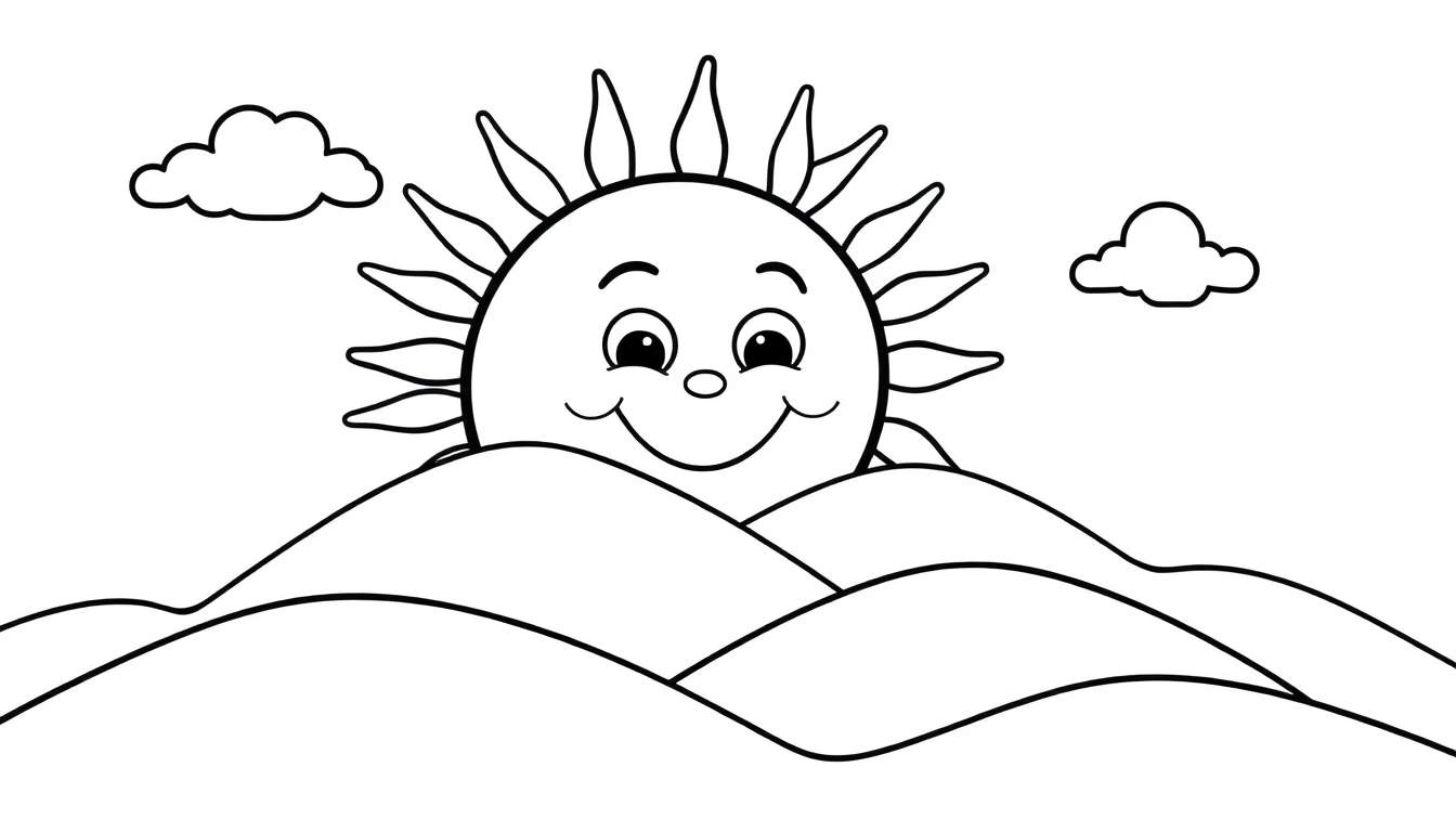 A cheerful sun illustration with smiling face and big eyes peeking over green rolling hills, with two small clouds above.