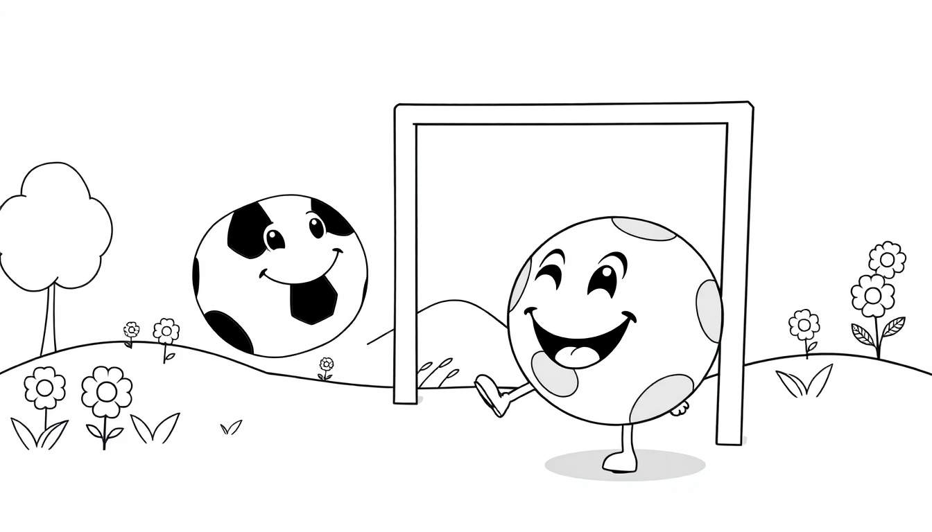 A cartoon soccer ball with a happy face kicks a soccer ball with spots and a wink.