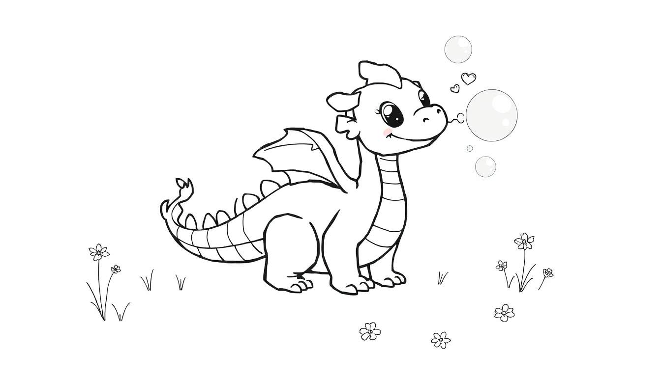 A cute baby dragon blowing bubbles.