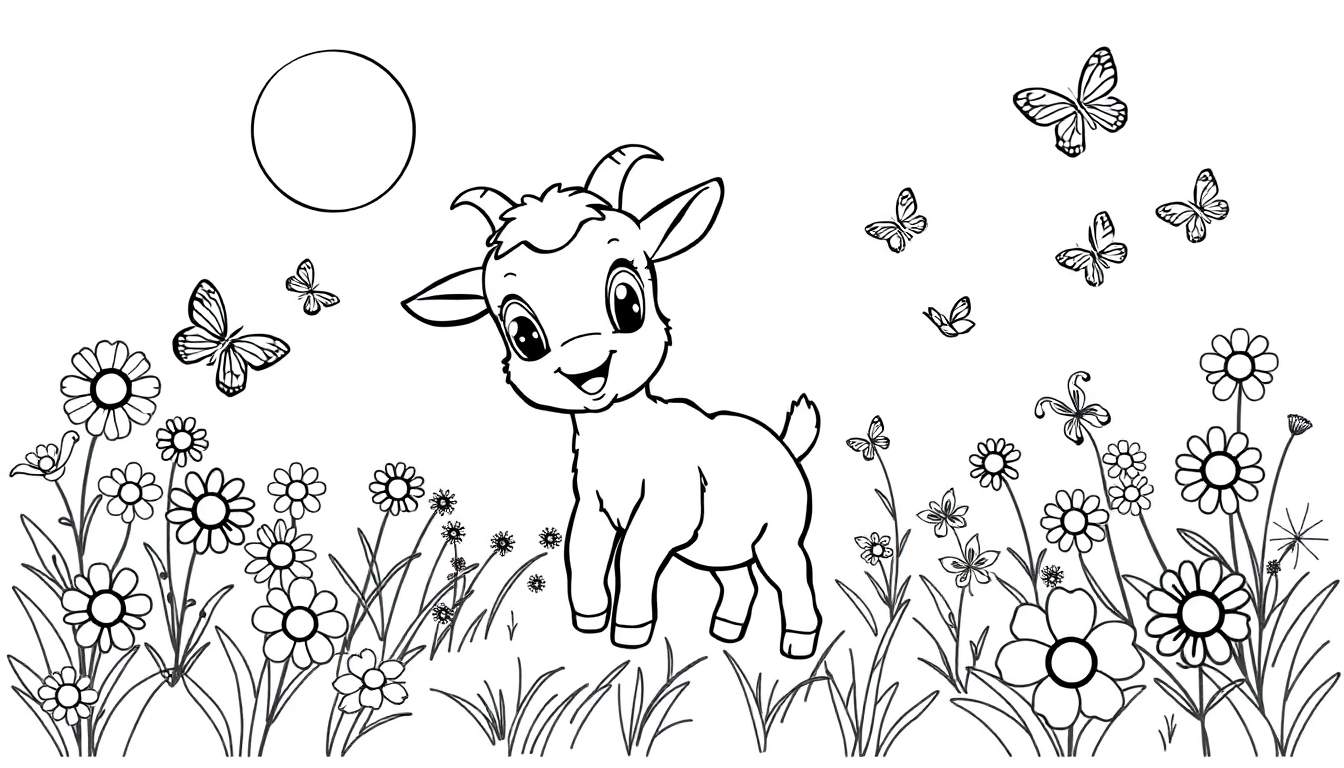 A black and white cartoon of a happy baby goat in a field of flowers with butterflies.
