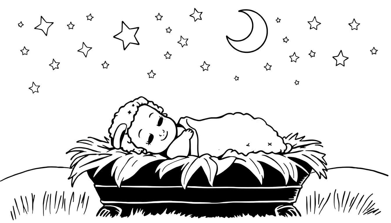 A cute baby Jesus in a manger, a friendly sheep nearby, under a starry night sky. A lovely color panel for kids.