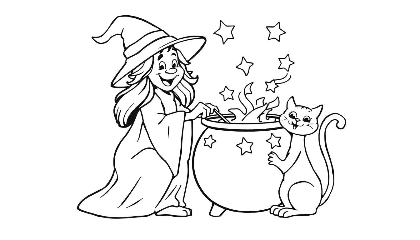A cartoon witch with a pointed hat stirs a cauldron while her happy cat looks on.