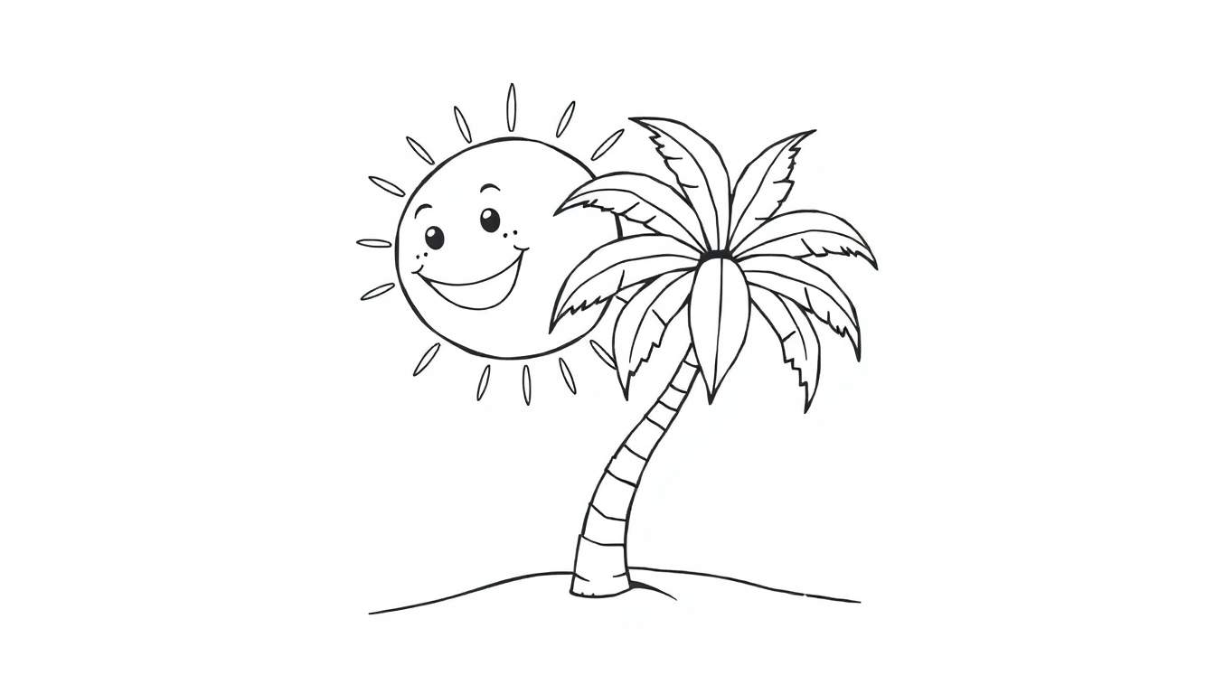 A cheerful cartoon sun shining brightly over a happy palm tree on a sandy hill.