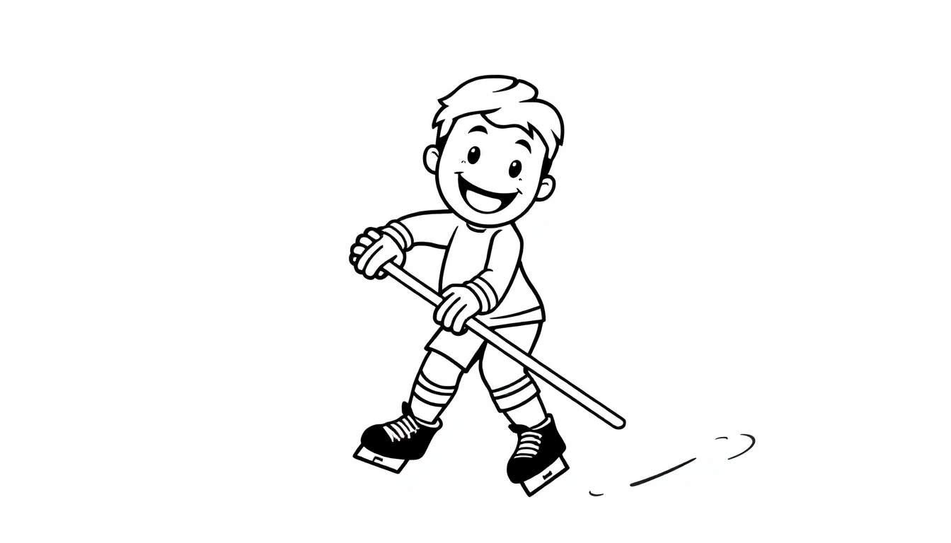 A cartoon boy in black and white, wearing skates and holding a hockey stick, kicks up snow with a big grin.