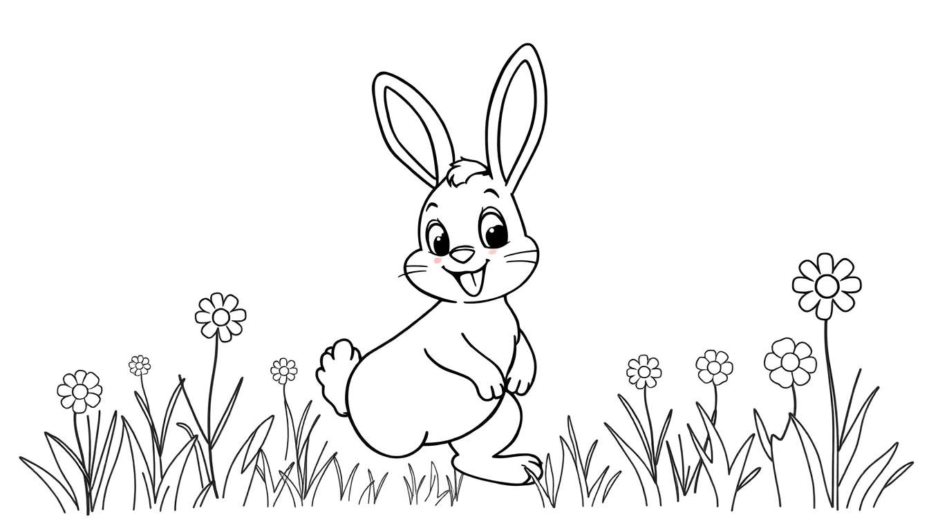 A black and white cartoon rabbit standing in a field of flowers.
