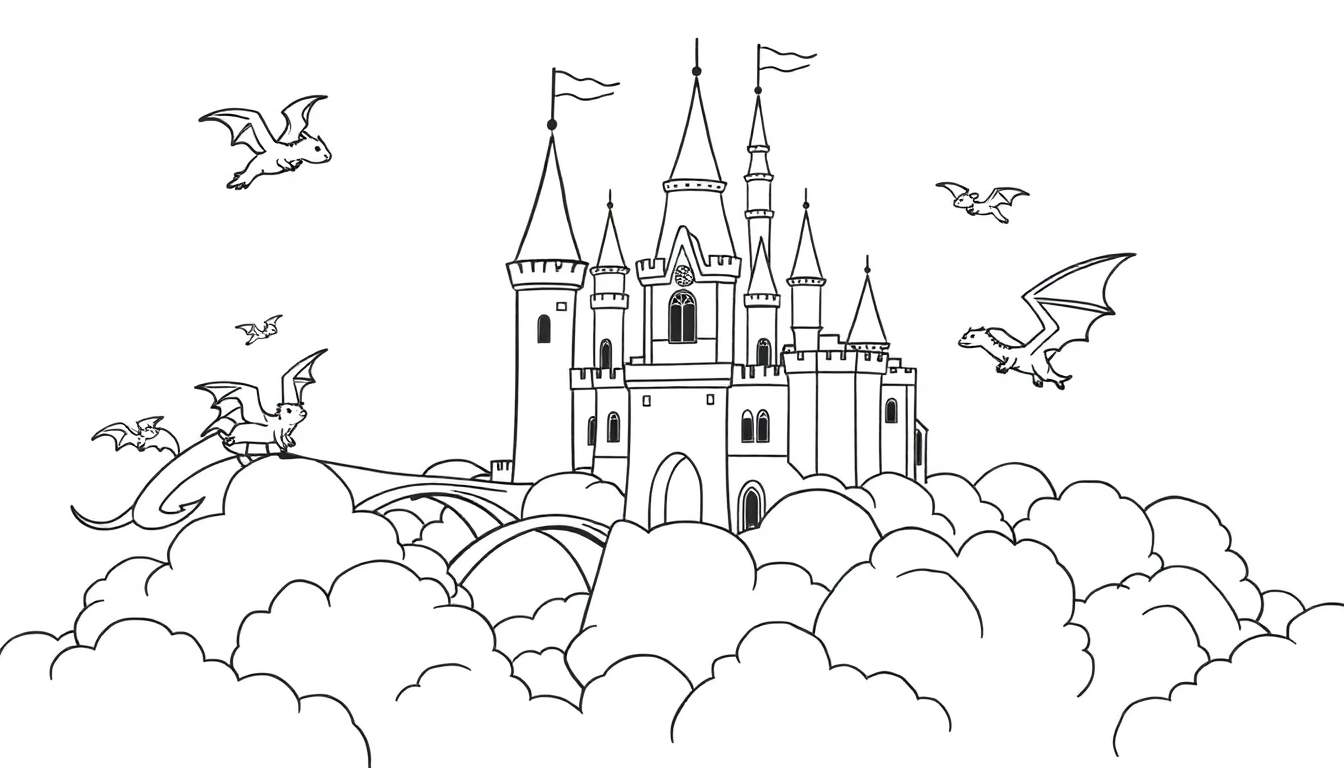 A black and white drawing of a fairytale castle on a cloud mountain with flying dragons and a bridge.