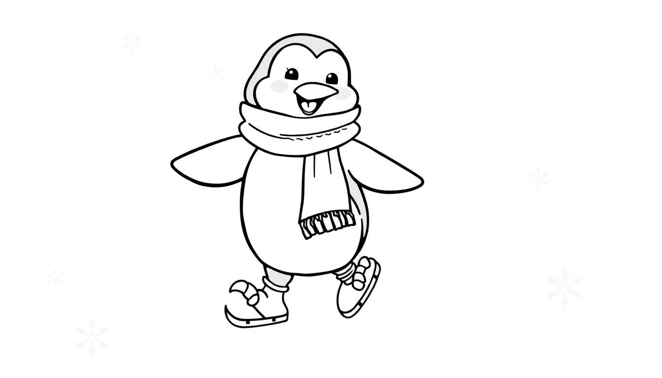 A cartoon penguin wearing a colorful scarf happily ice skating on a sparkly rink with snowflakes falling.